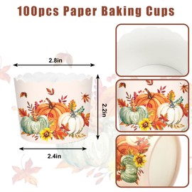 JarThenaAMCS 100 Pcs Fall Baking Cups Watercolor Orange Green White Pumpkin Maple Leaf Wrappers Cupcake Muffin Cases for Thanksgiving Autumn Party