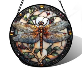 DASTOLL Stained Glass Window Hanging - Dragonfly Plant Suncatcher Ready to Hang Window Doors Home Decoration, Christmas, Mother's Day Birthday Gifts for Women, Men, and Mom11.8x11.8 in