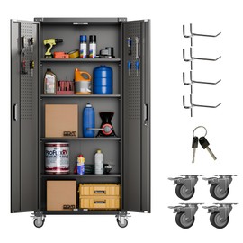 Aobabo Metal Storage Cabinet with Wheels, Steel Lockable Cabinet with Pegboards and 4 Hooks and 4 Shelves, for Home Office Garage, Assembly Required, Black