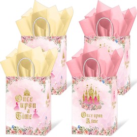 MOIZYNG 16 Pcs Once Upon a Time Princess Party Favor Bags, Pink Floral Gold Castle Goodie Snacks Candy Treat Gift Bag with Tissue Paper for Girls Birthday Wedding Fairytale Party Supplies Decorations