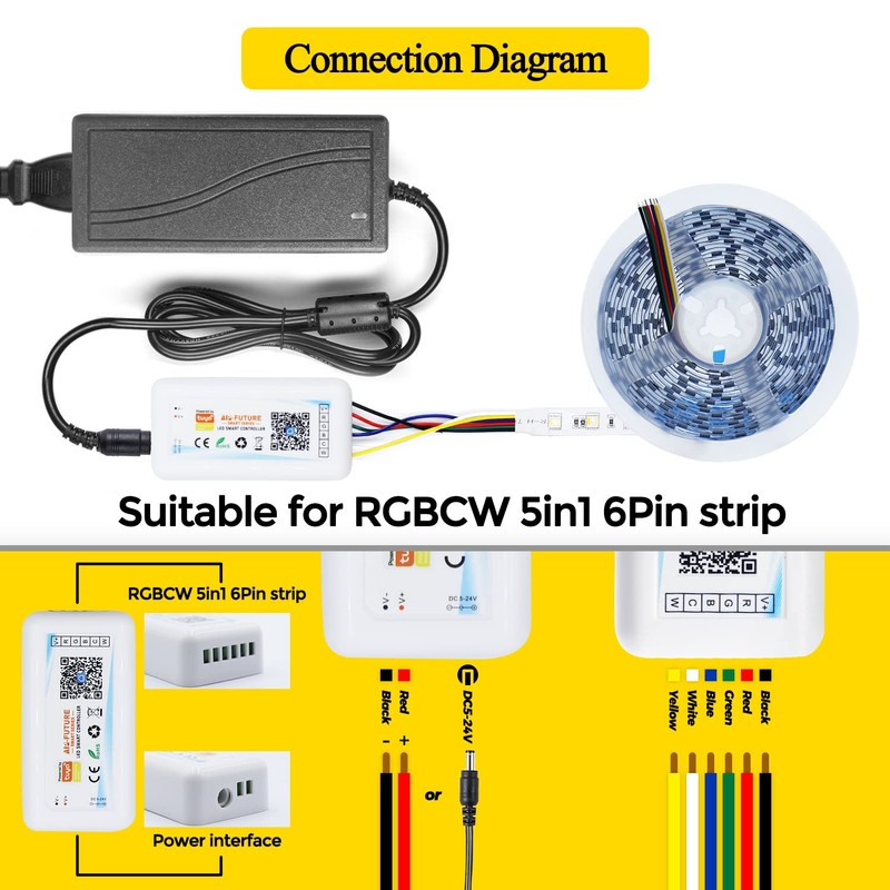 LED Strip Controller 6-Pin RGBCW RGB + CCT Smart Controller,