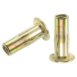 uxcell 1/4-20 Multi-Grip Rivet Nuts, 5pcs Pre-Bulbed Shank Flat Head Threaded Insert Nut Gold Zinc Plated Finish Carbon Steel Plus Nuts