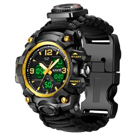 23-in-1 Survival Military Digital Watch, Mens Tactical Multi-Functional and Adjustable Wristband Outdoors Waterproof Gold Sports Watches with Compass Paracord Band