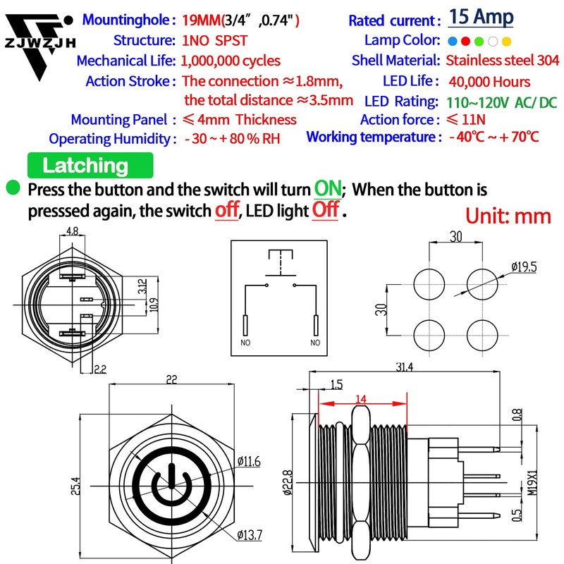 UL Listed 15Amp 19mm 3/4'' Latching Push Button Switch Red