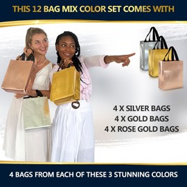 Nush Nush Luxury Mix Color Reusable Gift Bags Medium Size - Mix Color Set with 4 Rose Gold, 4 Silver, 4 Gold Gift Bags in Bulk - Birthday Gift Bags With Handles, Goodie Bags, Party Favor Bags - 8X4X10