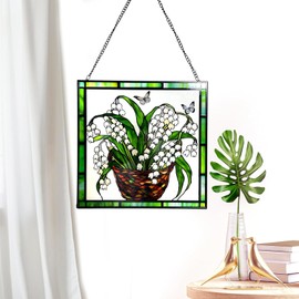 Lily of The Valley and Butterflies Stained Glass Panel Suncatcher Window Hanging – 7.8 Inch Square Decorative Art for Home, Office, and Garden – Handcrafted Real Glass with Metal Frame