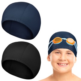 2 Pieces Swim Cap for Kids Waterproof Swimming Hat Swimming Caps Unisex Bathing Caps for Long and Short Hair Swimming Cap for Boys and Girls Children (Black, Navy Blue,Solid Pattern)