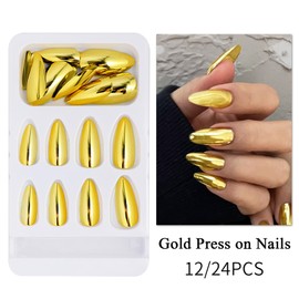 24Pcs Gold Chrome Press on Nails Sparkly Glossy Mirror Metal Fake Nails Medium Almond False Nails Gel Glue on Nails Bright Gold Artificial Nails Full Cover Stick on Nails for Coquette Women