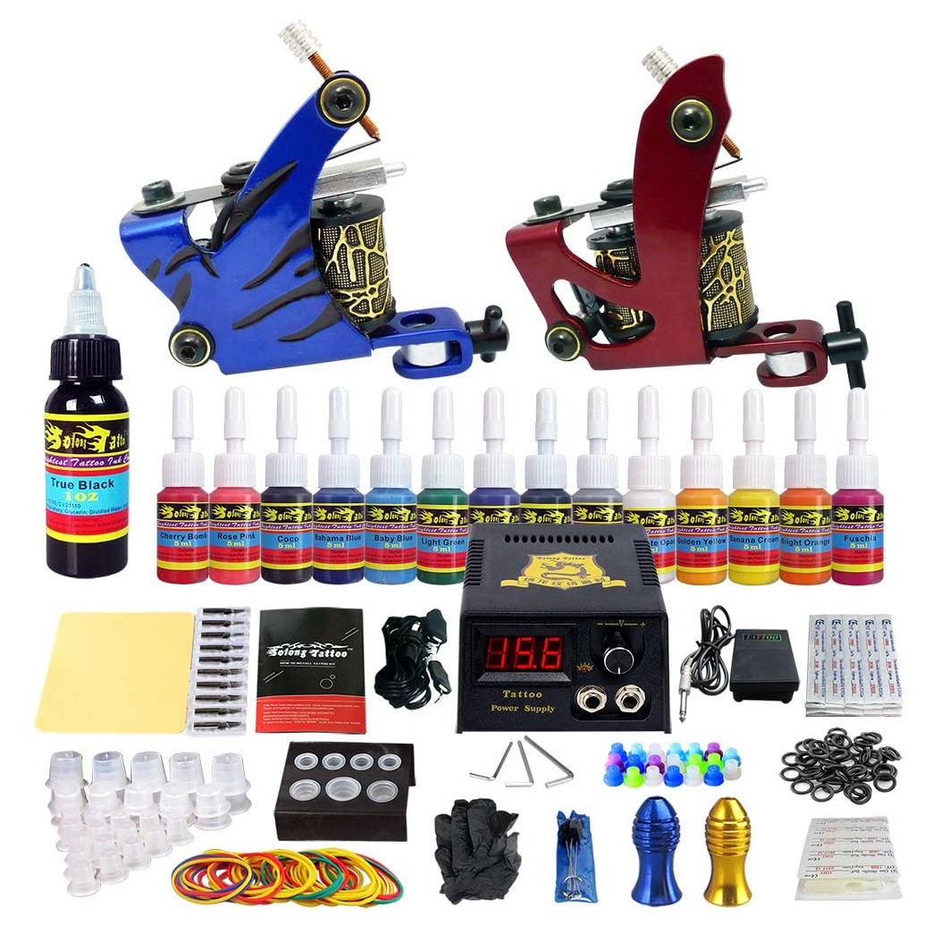 Solong Tattoo Tattoo Kit Complete Machine Guns 14 Inks Power Supply Foot Pedal Needles Grips Tips TK210