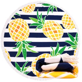 Benefeet Sox Beach Towel Round Tropical Fruit Microfiber Bohemian Boho Round Hawaiian Beach Blanket Oversized Sand Proof Absorbent Circle Swim Towels with Tassels Gifts, 59 Inches Striped Pineapple