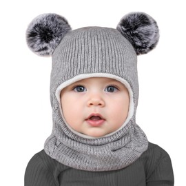 Ourdort Baby Scarf Hat, Baby Slip-On Hat with Bobble Cute Winter Warm Beanie, Children's Knitted Hat, Winter Hat for Girls and Boys, gray
