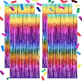 Pack of 4 Tinsel Curtain Colourful with Confetti - Shiny Glitter Curtain for Party, Birthday, Wedding, Rainbow Decoration, Fancy Dress & Carnival Decoration - 1 m x 2 m Foil Fringe Curtain for Photo
