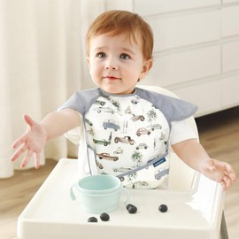 GRSSDER 3-pack Mess Proof Baby Feeding Bibs with Food Catcher Pocket, Soft Lightweight Waterproof Fabric Material with Zero Plastic-like Feel, Adjustable and Easy Clean Toddler Bibs for 6-36 Months