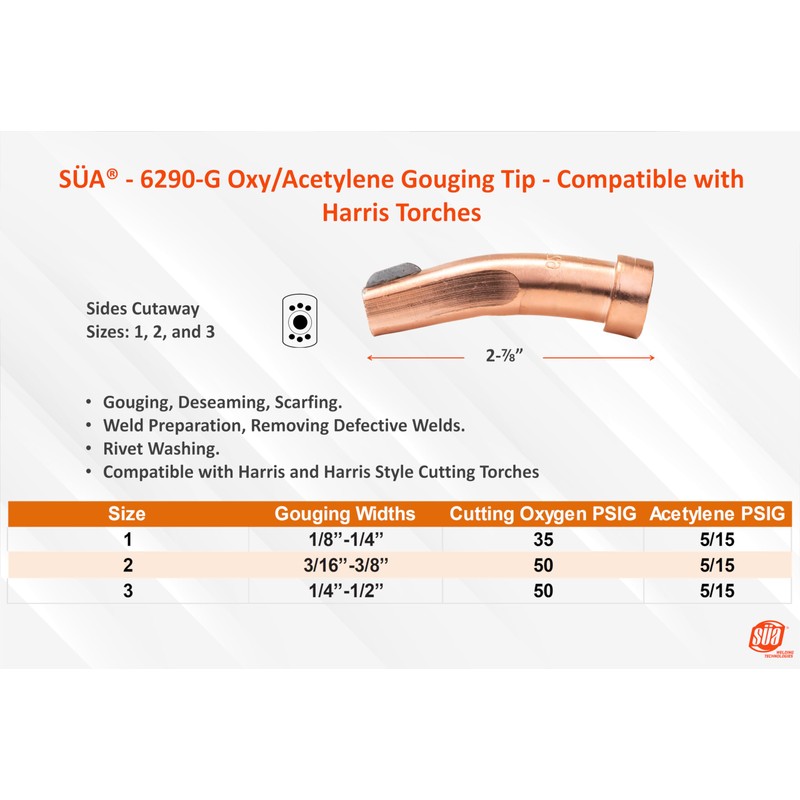 SÜA - 6290-3G Oxy/Acetylene Bent Gouging Tip - Compatible with
