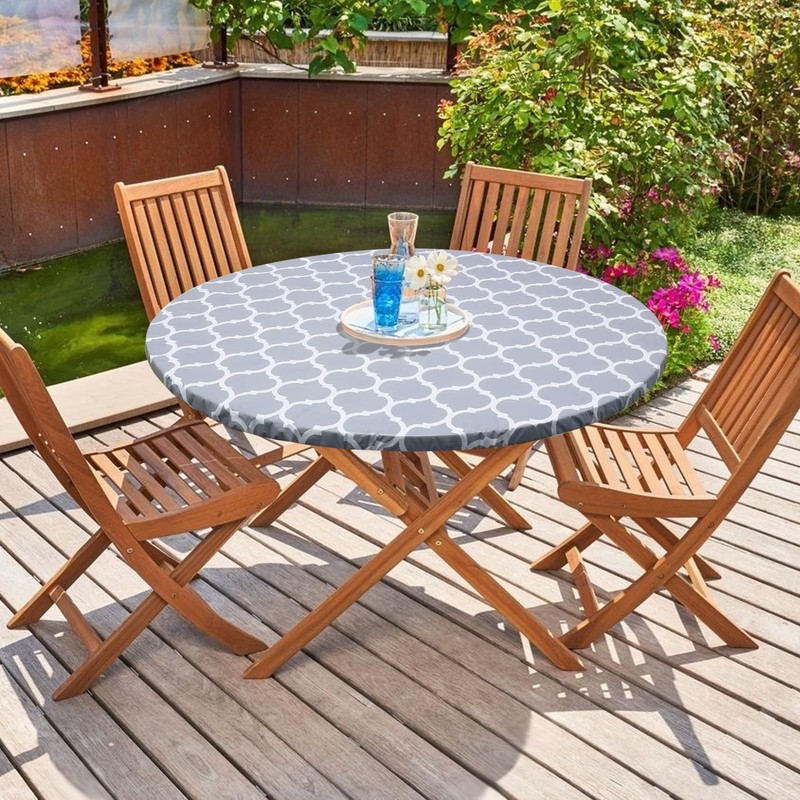 Yeqqzq Round Fitted Vinyl Tablecloth with Elastic Edged, Flannel Backing,