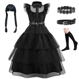 WIOLETA Black Dress Girls with Wig, Belt, Belt Pads, Socks for 4-13 Years