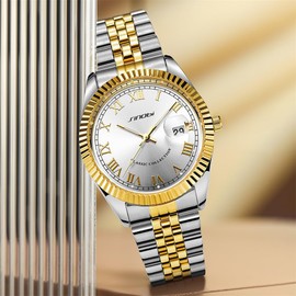 SINOBI Classic Stainless Steel Calendar Watches for Men(Silver-Gold)