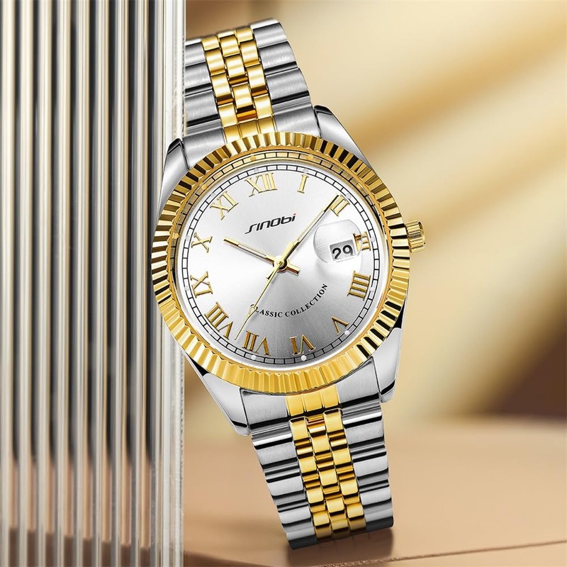 SINOBI Classic Stainless Steel Calendar Watches for Men(Silver-Gold)