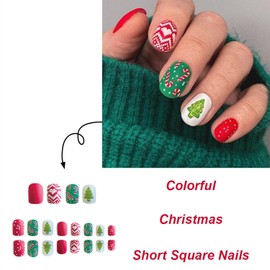 Vopintpy Cute Green Christmas Tree Fake Nails Short Square Xmas Press on Nails with Design Glossy Winter Glue on Nails Reusable Artificial Stick on Nails for Women DIY Manicure