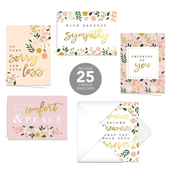 Modern Floral Sympathy Cards / 25 Sympathy cards / 5 designs with matching inside verses