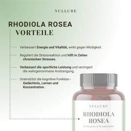 Rhodiola Rosea Nullure | 3% Rosavin and 1% Salidroside | Vegan + No Additives | Stress and Anxiety Relief · Mood Improvement · Energy · Fatigue | Rose Root Capsules | 120 Capsules (4 Months)