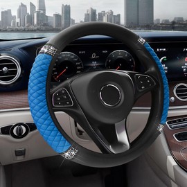 QZTYTY Bling Soft Leather Steering Wheel Cover, Steering Wheel Covers for Car, 15 Inch Colorful Rhinestones Auto Steering Wheel Protector, Diamond Car Accessories Universal Fit Women Girls (Blue)