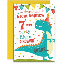 Great Nephew 7th Dinosaur Birthday Card - Medium Sized Card (A5 Size -148mm x 210mm) with Envelope