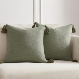 Meekio Set of 2 Sage Green Pillow Covers 18 x 18 inches Neutral Pillow Covers Textured Throw Pillow Covers with Tassels for Neutral Home Decor