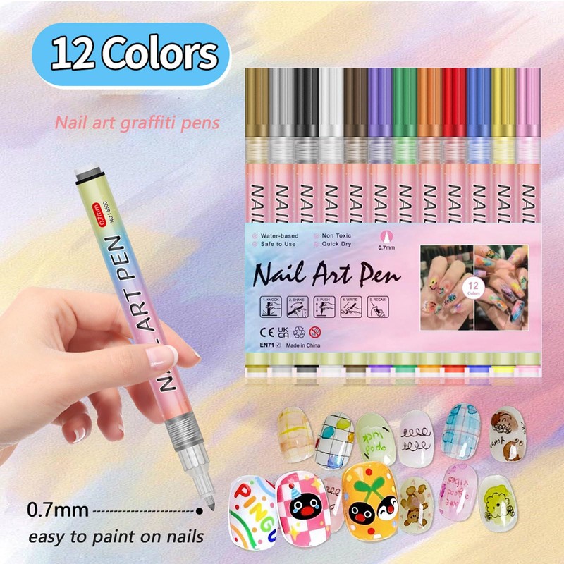 Hinourisha 12 Penne Per Nail Art Punta, 0.7mm fine tip