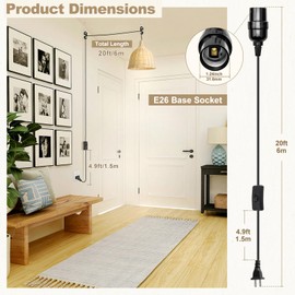 DiCUNO Hanging Lantern Extension Cord Cable, E26 Pendant Light Socket On Off Inline Cord Switch Control Lamp, Switch Close to Polarized Plug, 20 Feet (6M), Black, 1-Pack