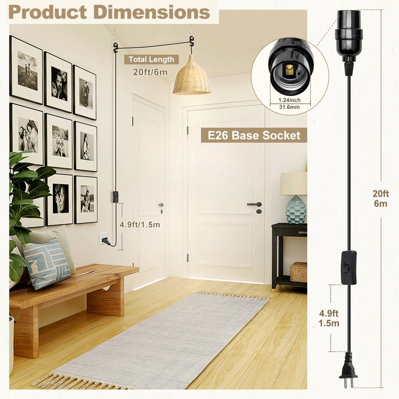 DiCUNO Hanging Lantern Extension Cord Cable, E26 Pendant Light Socket