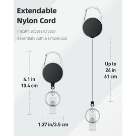 Pawfly 5 Pack Retractable Keychain, Retractable Badge Reel, Heavy Duty Badge Holder Clip for Keys and ID Card, Black Key Chain Extender 24" with Carabiner Belt Swivel Clip and Key Ring