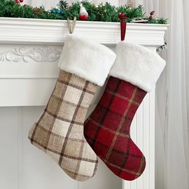 Vanteriam 4 Pack Buffalo Plaid Christmas Stockings, 22 Inch Large Red & Beige Checked Xmas Stocking for Family Decorations Holiday Party Décor