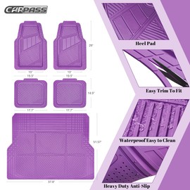CAR PASS Heavy Duty Rubber Floor Mats Gray Car Mats Full Set with Trunk Cargo Liner - Universal Waterproof Floor Mats for Car SUV Truck, Durable All Weather Automotive Liner Mats (All Purple)