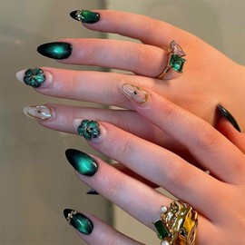 Green Press on Nails Medium Almond Fake Nails Glitter False Nail with Gold Design Flower Glue on Nails Reusable Artificial Acrylic Full Cover Stick on Nail for Women Manicure 24Pcs