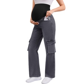 PACBREEZE Women's Maternity Jeans Cargo Straight Leg Relaxed Jeans Over Belly Comfy Denim Pregnancy Pants, S-XXL (Wash Black, Medium)