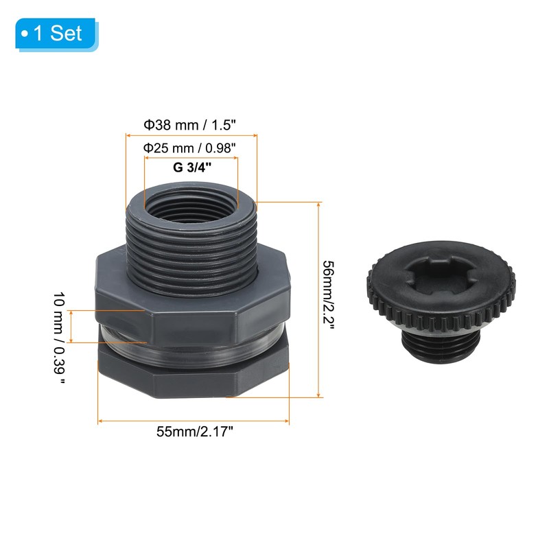 PATIKIL PVC Bulkhead Fitting with Plug G 3/4, Double Threaded