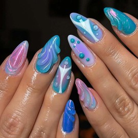 24Pcs Gradient Almond Press on Nails Acrylic Medium Fake Nails Reusable False Nails with 3D Water Ripple Design Handmade Nails Press ons Glossy Full Cover Stick on Nails for Women Reusable Nails