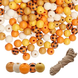 AWEELON 200Pcs Fall Wooden Beads Buffalo Plaid Wood Beads Craft Beads For Thanksgiving Day Fall Christmas