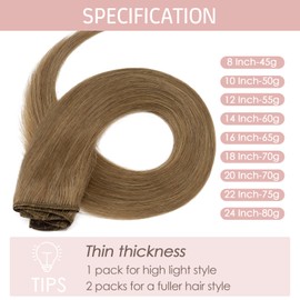 Silk-co Echthaar Clip In Extensions 8 Tressen 18 Clips 80g, Braun Hair Extensions, Remy Echthaar Clip In Extensions Haarverlängerung 06# Hellbraun 60cm