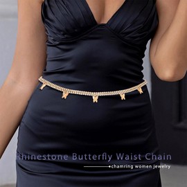 CanB Rhinestone Waist Chain Belt Butterfly Body Chain Thin Belly Chains Jewelry (Gold)