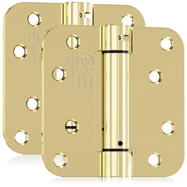 JOYNY 2 Pack Self Closing Door Hinges, 4 Inch Spring Loaded Door Hinges for Garage, Front, Back Door, Left/Right Hand, Adjustable Tension, 5/8'' Radius Corners, UL Listed, Gloden