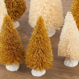 Set of 7 Vintage Glittered Gold and White Bottle Brush Trees with White Base - Bleached Sisal Winter Pinetrees Holiday Set for Christmas Decorations for Retro, Farmhouse or Modern Decor (4-1/2"-6" H)