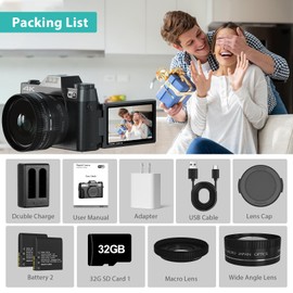 4K Digital Camera for Photography & Vlogging, 56MP YouTube Camera with WiFi, 3" 180° Flip Screen, 16X Digital Zoom, 52mm Wide Angle & Macro Lens, 32GB TF Card, 2 Batteries – Black
