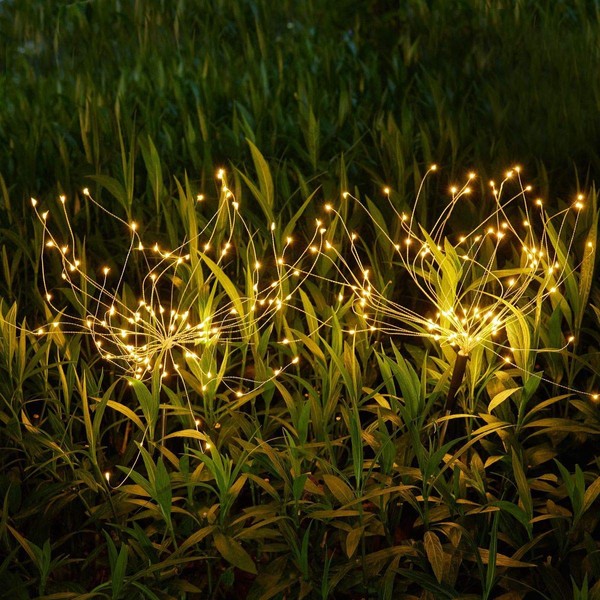 HELESIN Outdoor-Garden-Decorative-Lights, Solar Firework Lights 105 LED-Powered 35 Copper Wires, DIY Flowers Fireworks Stars for Walkway Pathway Backyard Christmas Party Decor (Warm White 2 Pack)