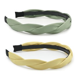 Pack of 2 Women's Fashion Headbands, Satin Braided Hair Band, Fabric Hair Bands with Tooth, 2.5 cm Non-Slip Headband Accessories, 2 Colours (Green + Yellow, One Size)