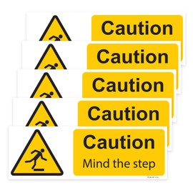 RDLCAR Mind The Steps Sign, Safety Caution - Hazard Warning Message, Watch Your Steps Notice - Easy Installation and Ready to Use, 100mm x 300mm - Pack of 5