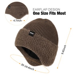 Wmcaps Winter Fleece Line Beanie Hats with Earflap for Men Women, Outdoor Warm Thermal Knitted Stocking Caps (Brown)