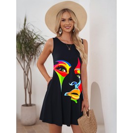 AUSELILY Womens Summer Dresses 2025 Casual Sleeveless Boho Floral Sundresses Beach Swimsuit Coverup with Pockets, Artistic Face L