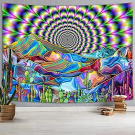Psychedelic Tapestry Trippy Mountain Cactus Tapestry Mystic Surreal Tapestry Abstract Colorful Landscape Tapestry Hippie Boho Tapestry Wall Hanging for Bedroom Dorm, Small Tapestry 60X40IN